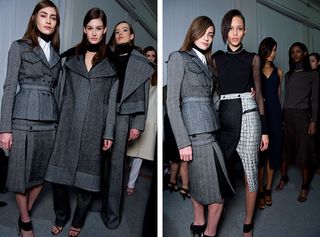 Two side-by-side photos of female models wearing looks from the Ports 1961 collection. In the first photo there are four models. One is wearing a white shirt, grey jacket and grey and black skirt. The second model is wearing a long grey coat and dark grey trousers. The third model is wearing a black top, grey jacket and grey trousers with black side stripe. And the fourth model is wearing a cream coat and white trousers. In the second photo there are also four models. The first model is wearing a white shirt, grey jacket and grey and black skirt. Next to her is a model wearing a black top with semi-sheer sleeves and a black and light grey crocodile print skirt with front split. In the background one model is wearing a dark blue dress and another model is wearing a brown turtle neck, chain and brown skirt
