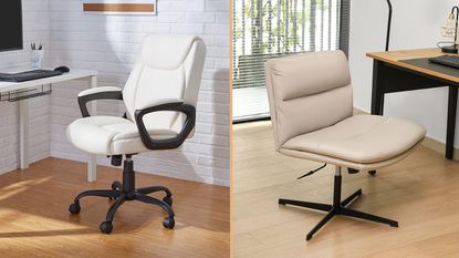 Amazon office chairs, one white PU leather chair in office, one beige armless PU leather chair in office