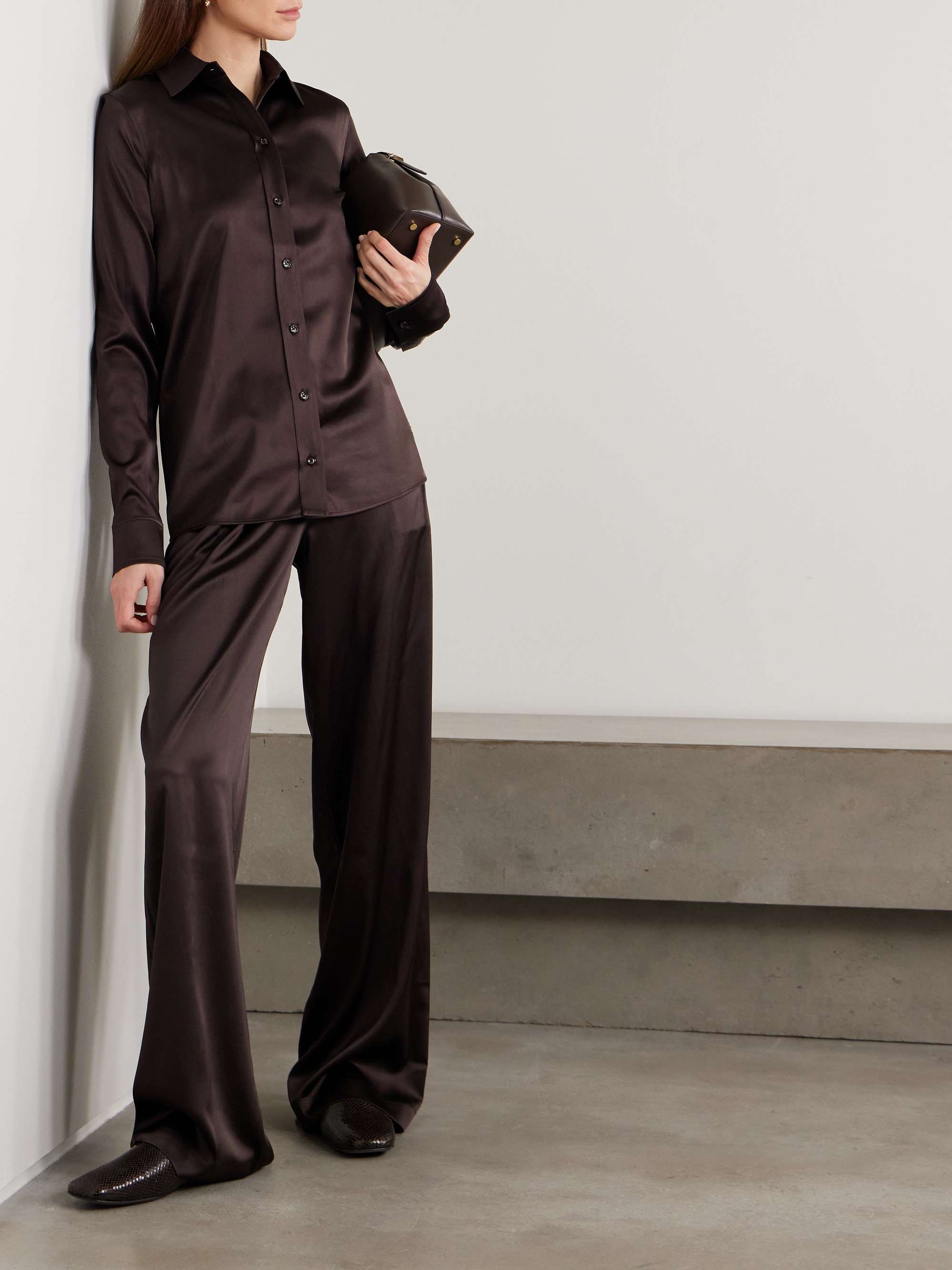 Josephine Pleated Stretch-Silk Satin Straight-Leg Pants