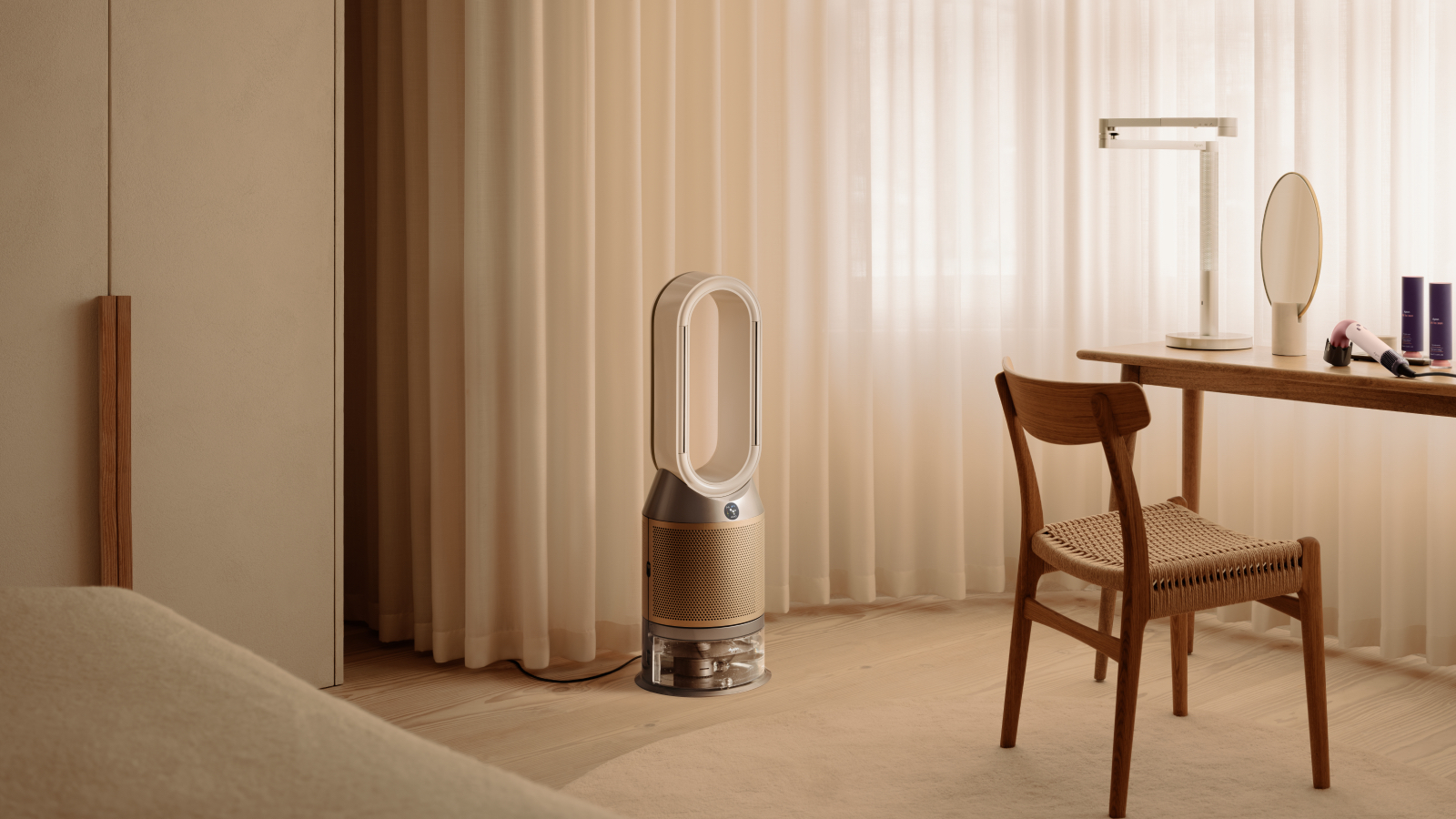 Dyson Humidify+Cool PH2 air purifier on bedroom floor