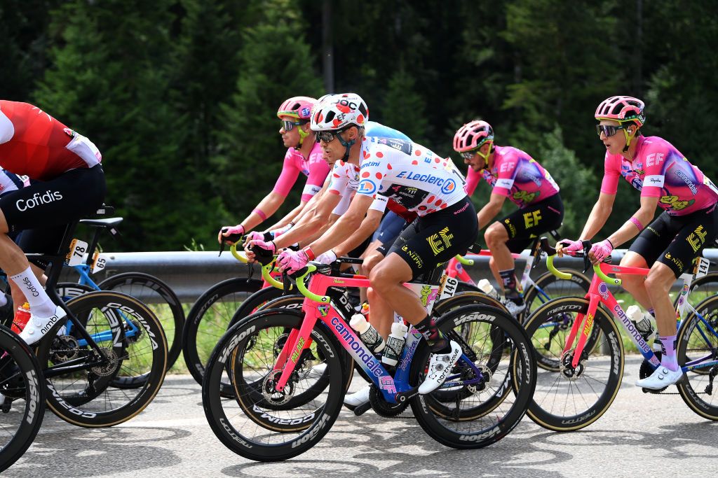 LAUSANNE SWITZERLAND JULY 09 Magnus Cort Nielsen of Denmark and Team EF Education Easypost Polka Dot Mountain Jersey competes during the 109th Tour de France 2022 Stage 8 a 1863km stage from Dole to Lausanne Cte du Stade olympique 602m TDF2022 WorldTour on July 09 2022 in Lausanne Switzerland Photo by Alex BroadwayGetty Images