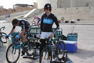Sky duo Bradley Wiggins and Alex Dowsett get ready for the time trial.