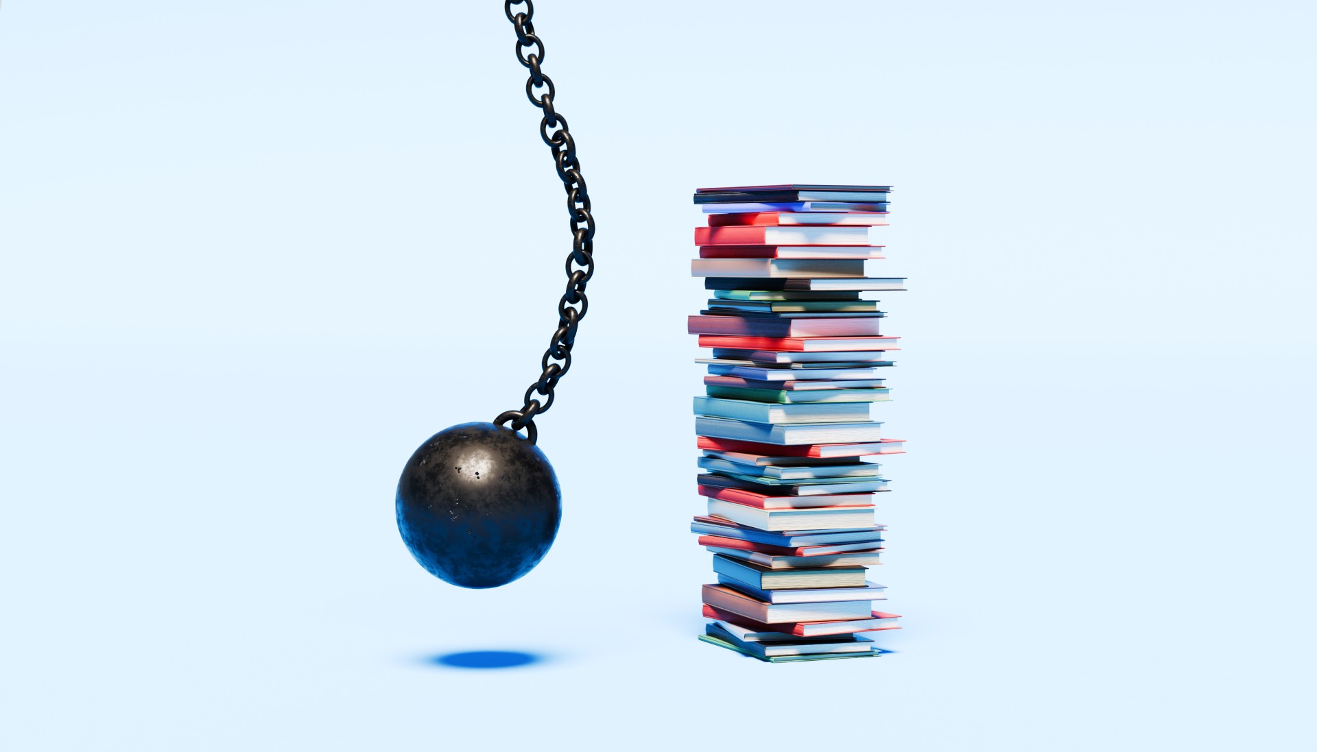Image of a wrecking ball poised to strike a large stack of books,