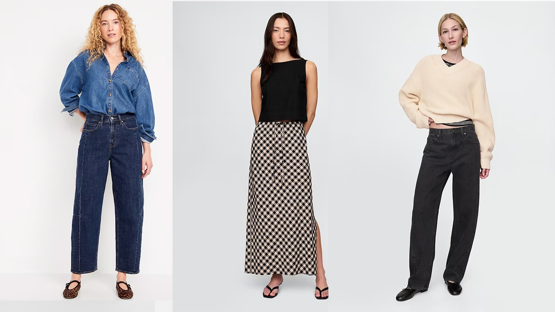 models wear jeans and sweater, modl wears jeans and chambray shirt, model wears gingham skirt and black top