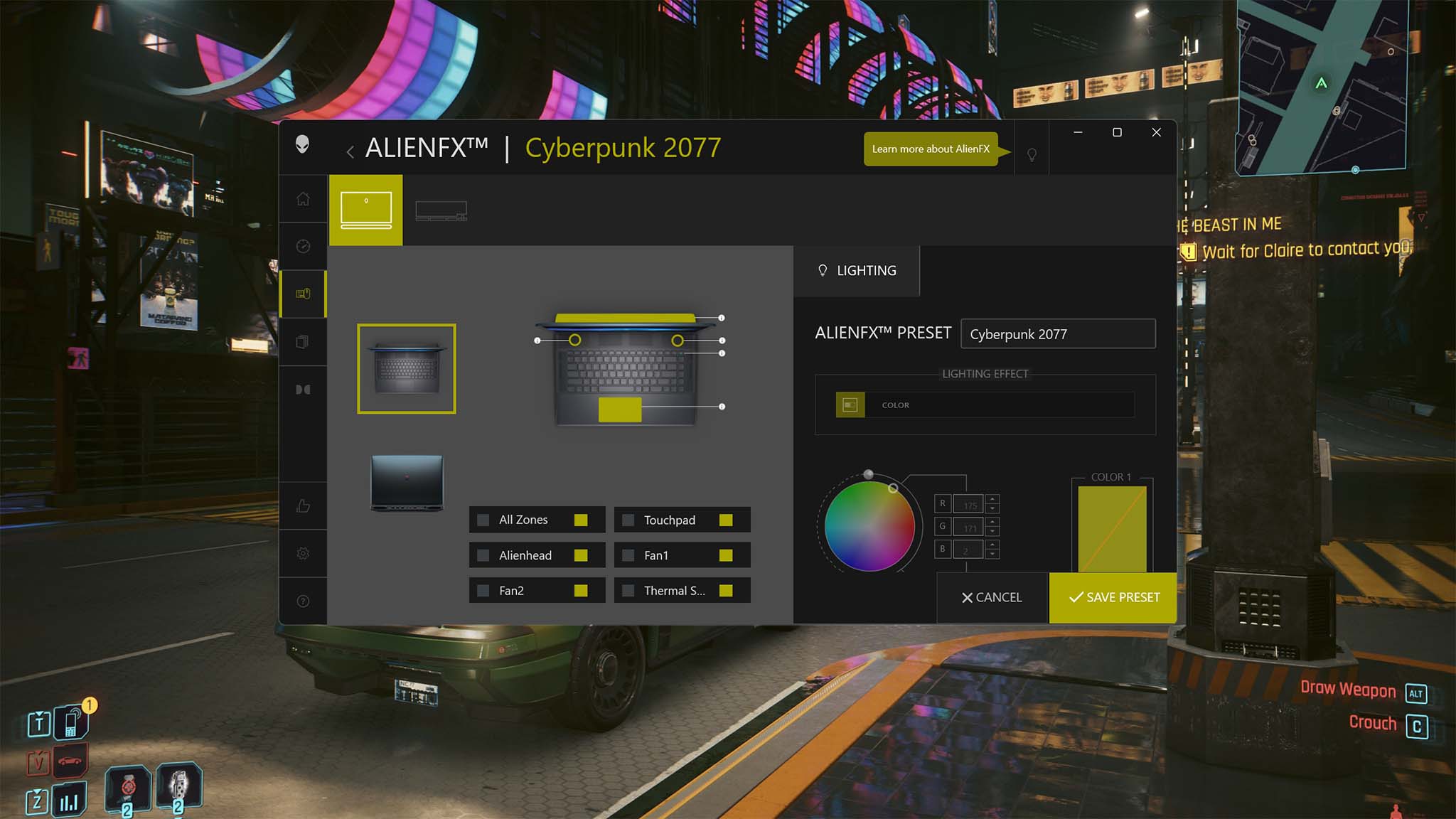 The Command Center app showing matching color scheme for Cyberpunk 2077.