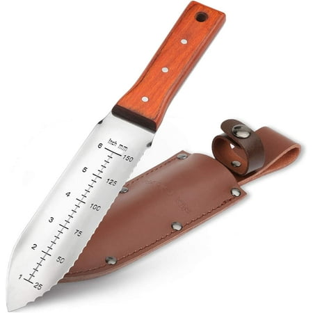 Haushof Hori Hori Garden Knife 7&amp;rdquo;stainless Steel Serrated Blade With Cutting Edge, Gardening Tool With Leather Sheath for Weeding, Planting, Digging, Wood Handle With Hanging Hole