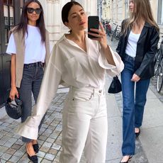 fashion collage featuring three influencers including Lorna Humphrey, Lucy Alston, and Clara Dryhauge wearing chic wardrobe essentials like white t-shirts, straight-leg jeans, and black shoes