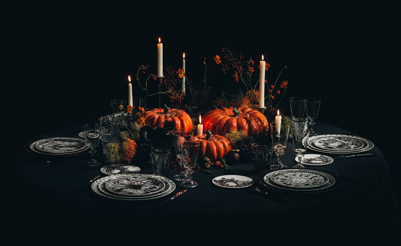 Dior Halloween black and white table setting with ceramic pumpkins