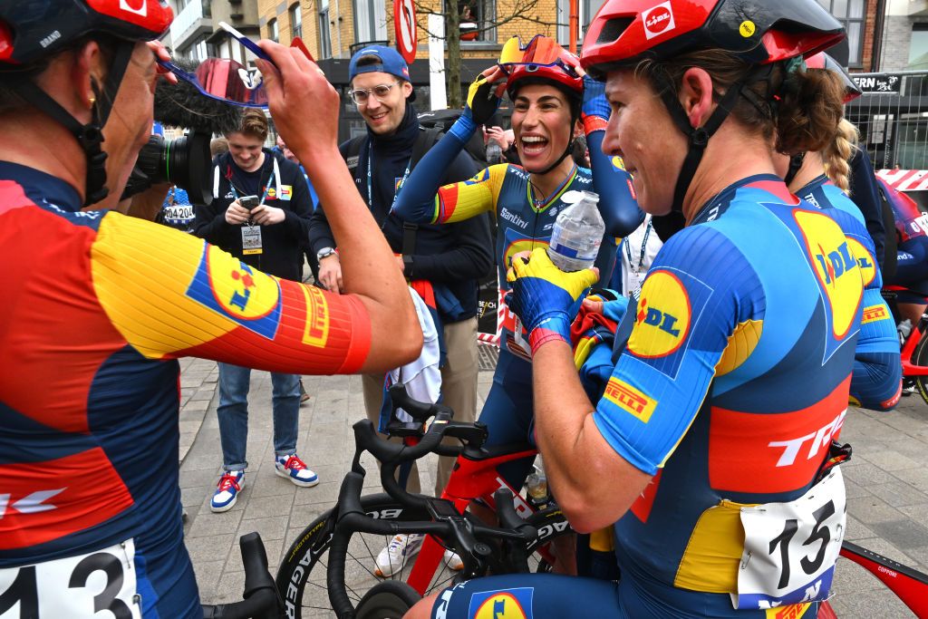 DE PANNE BELGIUM MARCH 21 Race winner Elisa Balsamo of Italy and Team Lidl Trek C reacts after the 7th Womens Classic BruggeDe Panne 2024 a 155km one day race from Brugge to De Panne on March 21 2024 in De Panne Belgium Photo by Luc ClaessenGetty Images