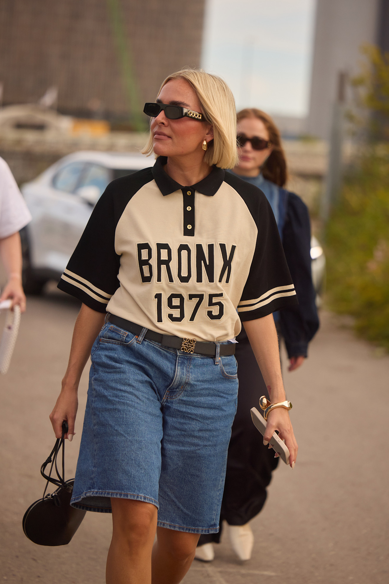 woman wearing denim bermuda shorts in Copenahgen