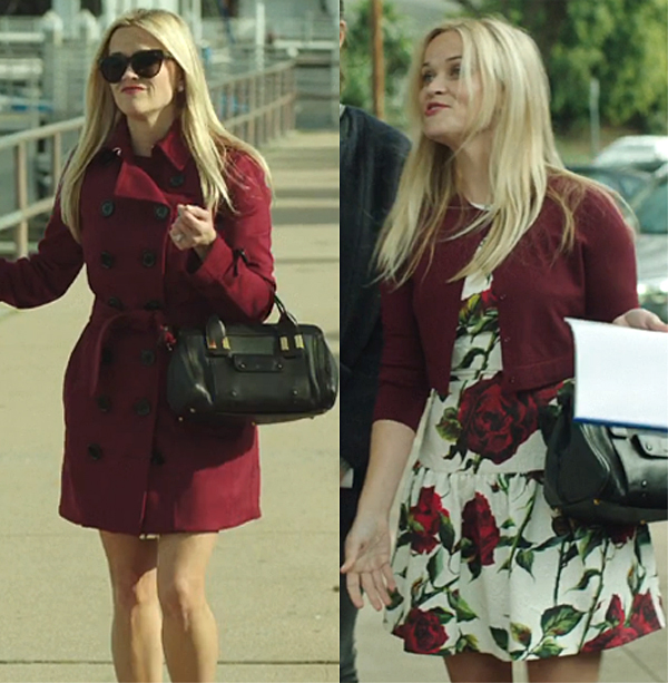 Big Little Lies premiere Madeline Burberry trench coat rose print dress Chloe bag