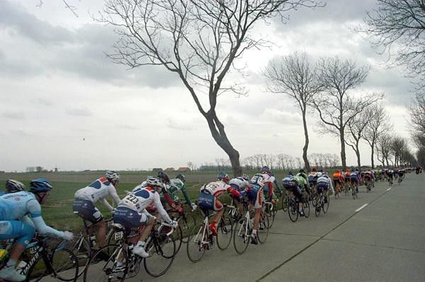 The peloton races under cloudy skies in Gent-Wevelgem