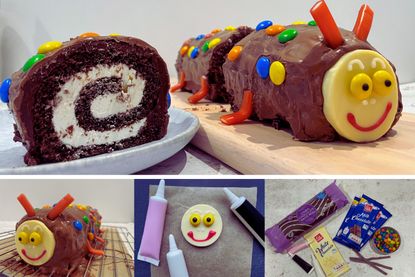 A collage of steps how to make a caterpillar cake including close up image of final cake