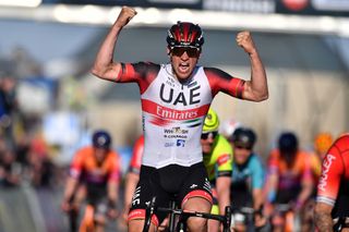 KOKSIJDE BELGIUM MARCH 18 Pascal Ackermann of Germany and UAE Team Emirates celebrates winning during the 20th Bredene Koksijde Classic 2022 a 2009km one day race from Bredene to Koksijde bredenekoksijde on March 18 2022 in Koksijde Belgium Photo by Luc ClaessenGetty Images