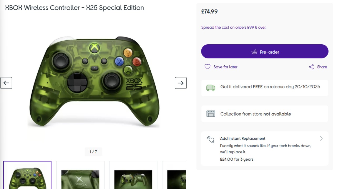 Currys listing of Xbox Series X25 limited edition controller pre-order