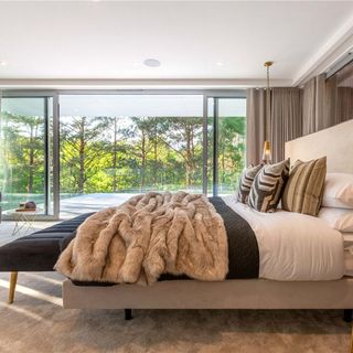 bedroom with plush carpet and wide glass doors