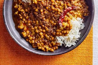 bowl of Indian lentils with red chile and rice