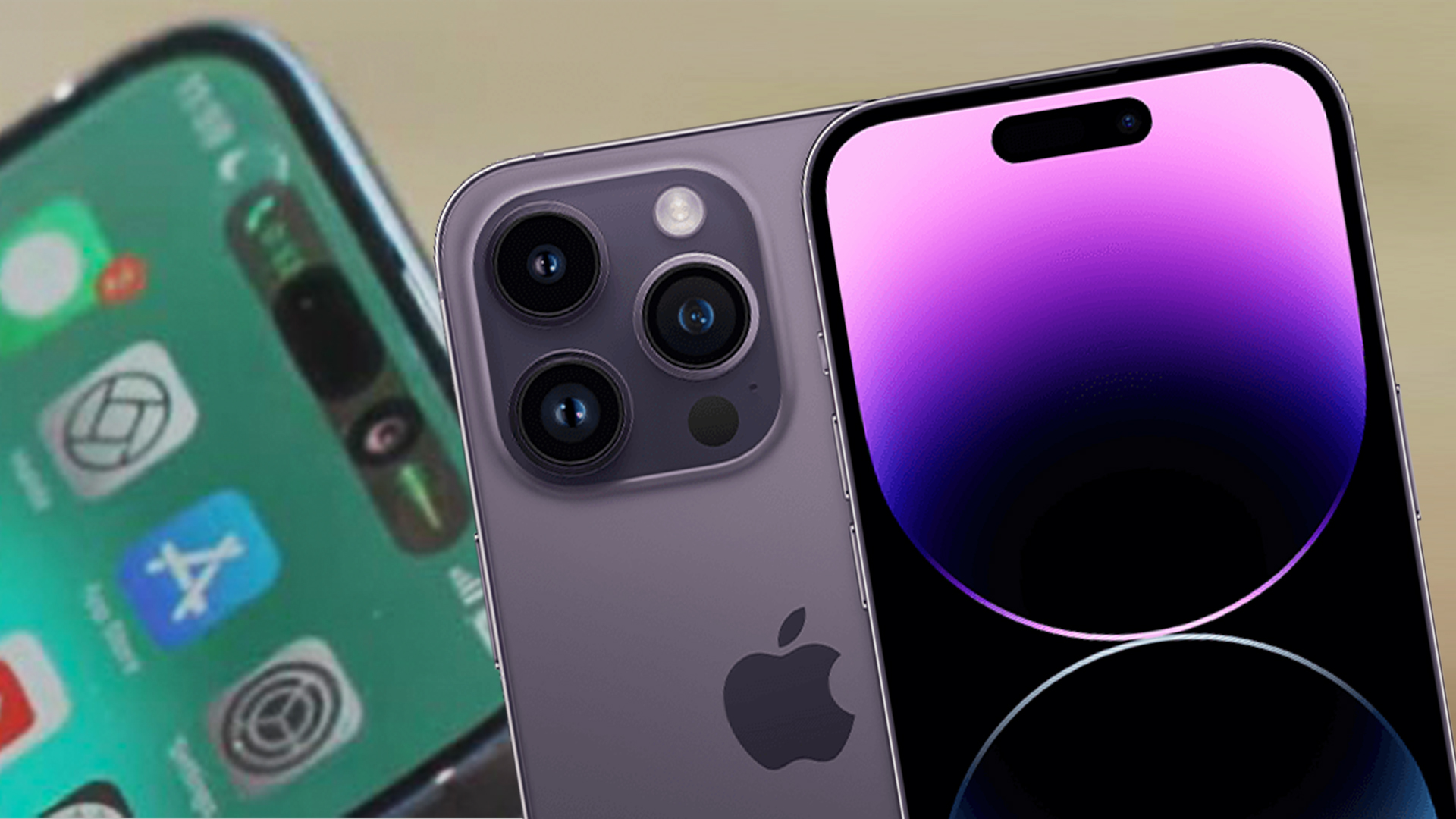 An Apple marketing image of the iPhone 14 Pro next to a photo of the Dynamic Island in direct sunlight