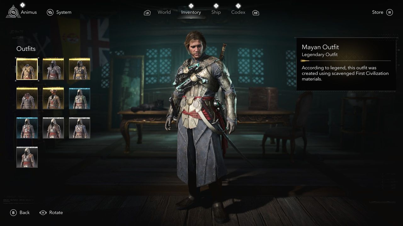 Black Flag outfits: The Mayan Outfit/armour viewed in the menu.