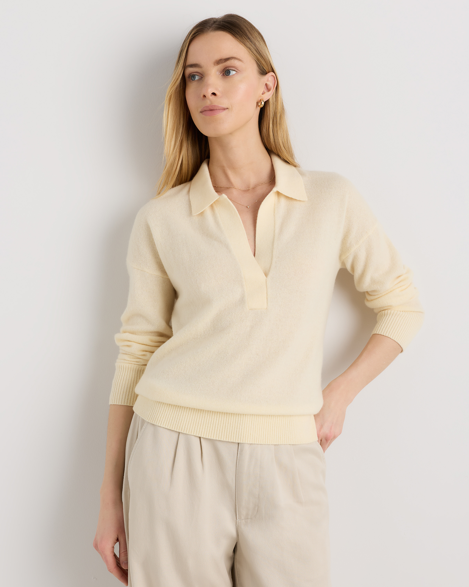 Women's Mongolian Cashmere Polo Sweater in Pale Custard Yellow