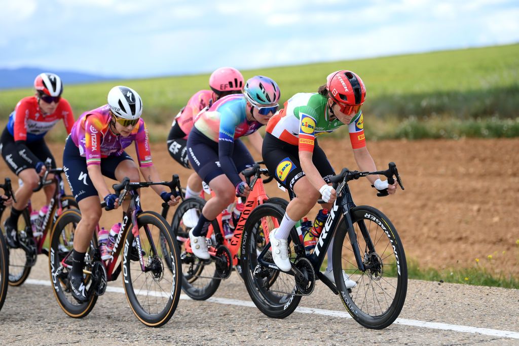 ZARAGOZA SPAIN MAY 01 Elisa Longo Borghini of Italy and Team Lidl Trek leads the breakaway during the 10th La Vuelta Femenina 2024 Stage 4 a 1423km stage from Molina de Aragon to Zaragoza UCIWWT on May 01 2024 in Zaragoza Spain Photo by Alex BroadwayGetty Images