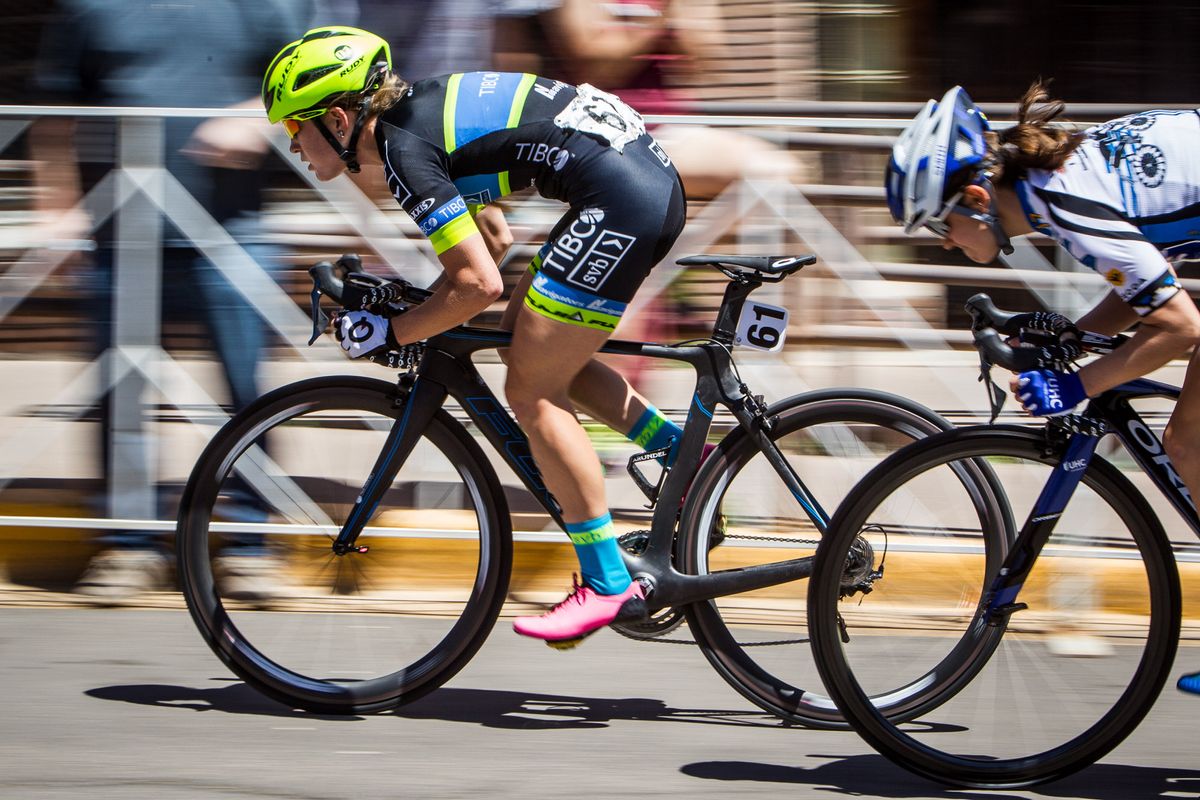 Lauren Stephens (TIBCO) attacks durng stage 4 at Tour of the Gila