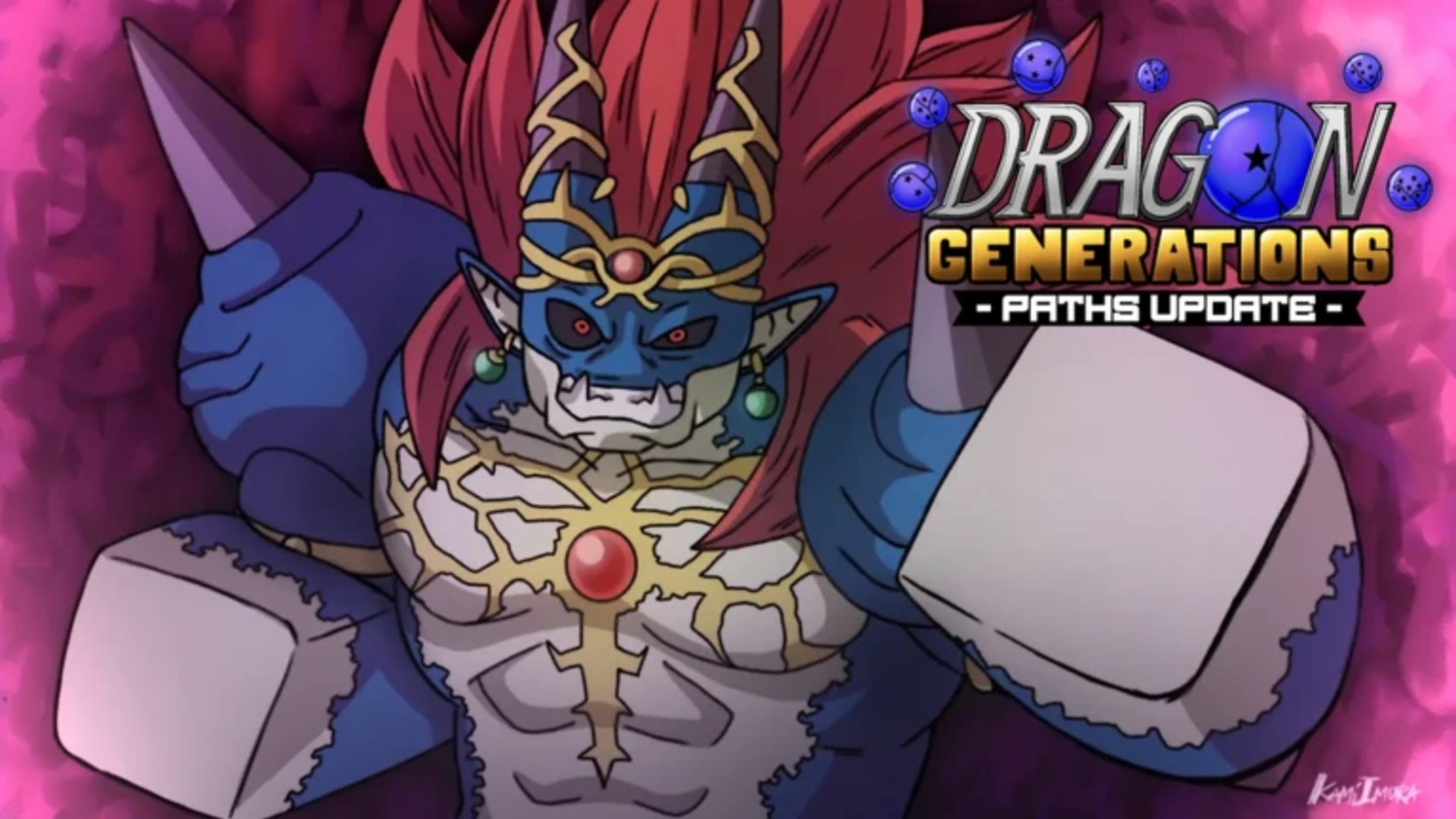 A horned character snarls in a promotional image for Dragon Generations on Roblox.