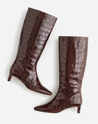 The Dimes Kitten-Heel Knee Boot in Stamped Leather