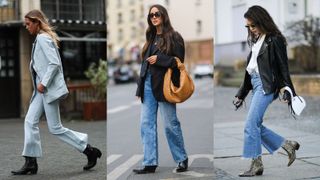 street style influencers showing best jeans to wear with cowboy boots - kick flare jeans