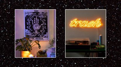 Two pictures of grunge decor — one of a wall tapestry and one of a neon sign — on a black glittery background