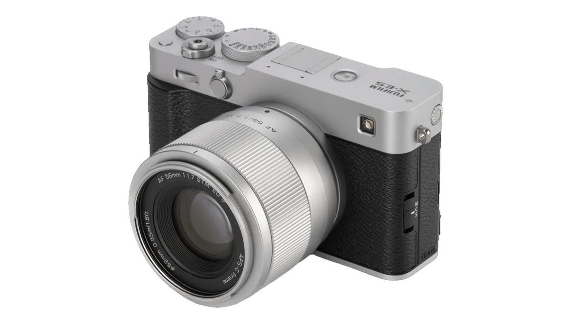 Viltrox AF 56mm f/1.7 Air lens, in silver, on a Fujifilm X-E5 camera