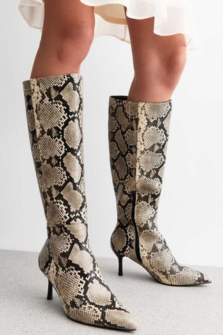 New Look Off White Snakeskin Knee High Boots