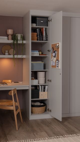 Built in cupboard-shelves and desk with modern grey finish