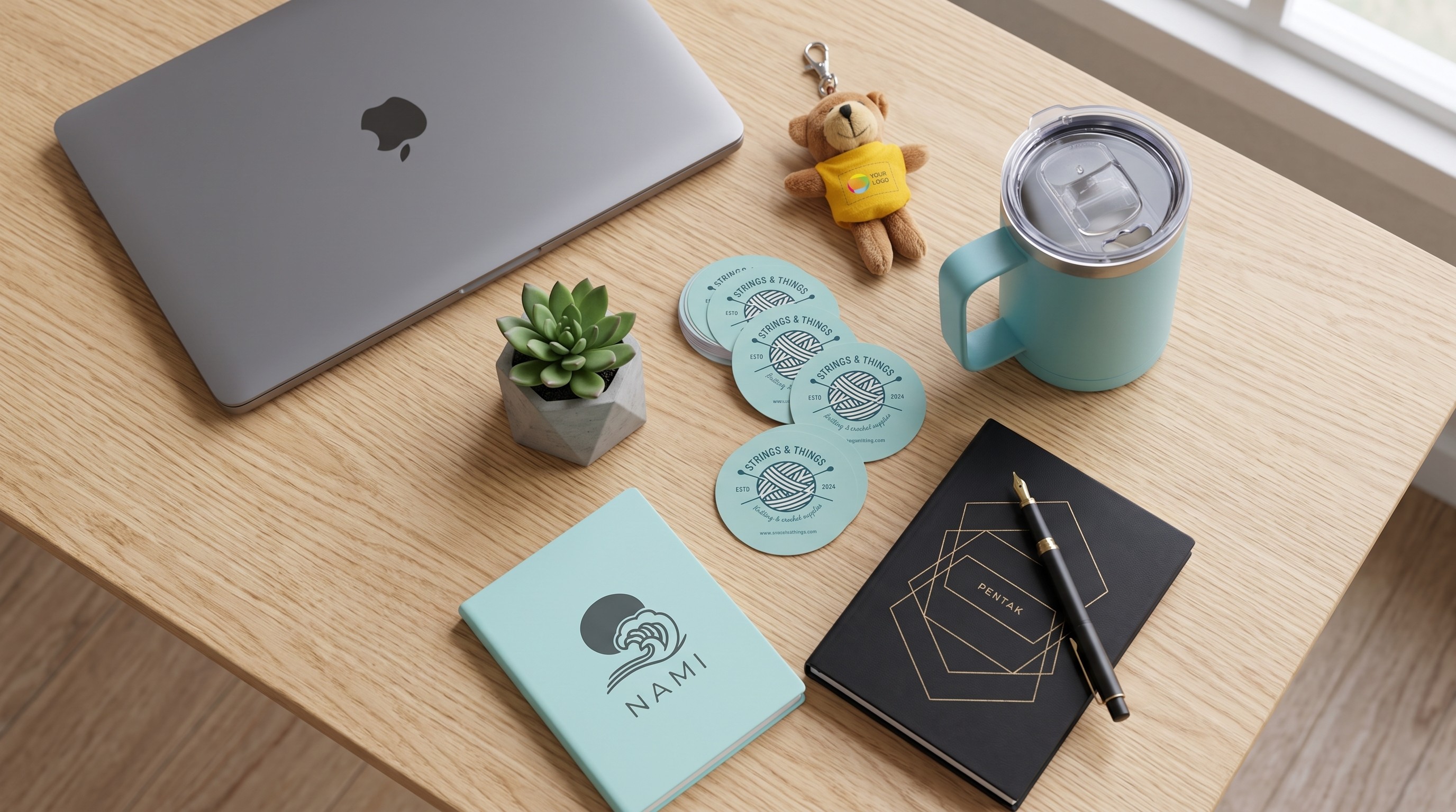 A selection of personalized gifts and marketing assets from VistaPrint on a desk in a brightly lit home office