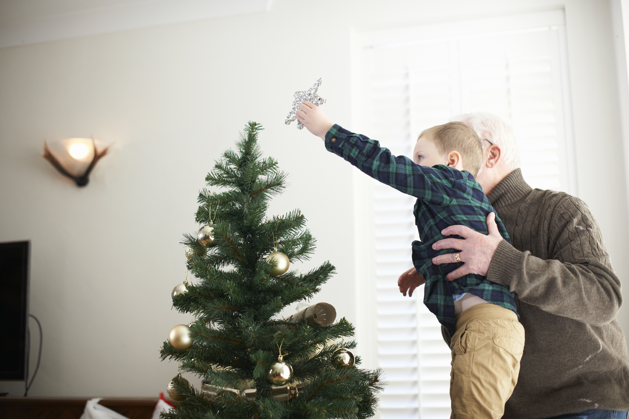 A grandparent holds up his grandkid so the kid can put the topper on top of the Christmas tree.