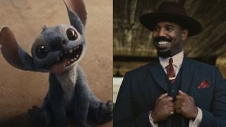 Stitch with his tongue hanging out/Michael B. Jordan with a big smile in Sinners.