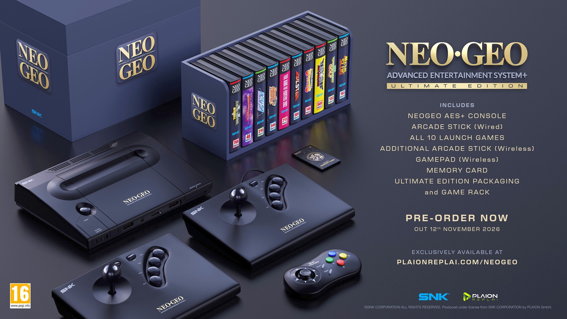 A promotional image for the Neo Geo AES+ showing the $999 Ultimate package with the system, three controllers, and ten games.