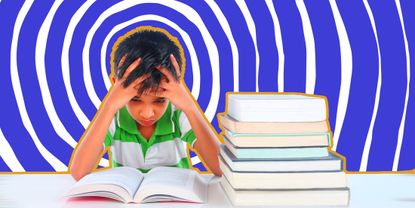 Frustrated child looking at book.