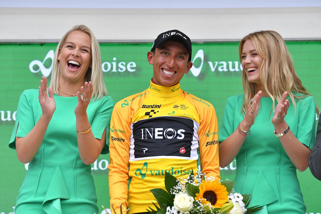 Egan Bernal enjoys a lighter moment on the podium after stage 7 at Tour de Suisse