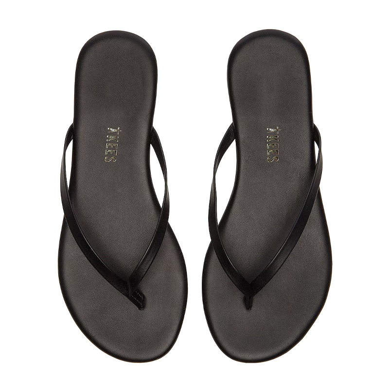 Black leather flip flops, TKEES