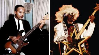 Left-Motown bassist James Jamerson a key member of the studio band known as the Funk Brothers poses for a photo circa 1965 in Detroit, Michigan; Right-Bootsy Collins performs on stage at Nice Jazz Festival in 1998 in France. Image is part of David Redfern Premium Collection