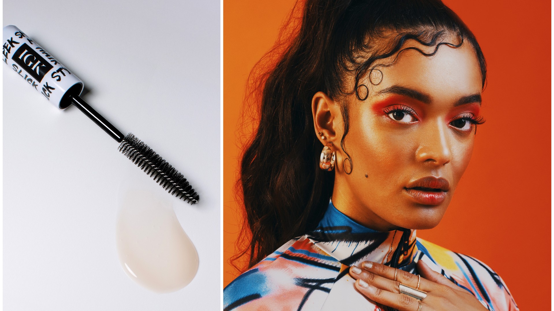 a side by side of a model with stylized baby hairs and a spoolie brush with serum smeared next to it