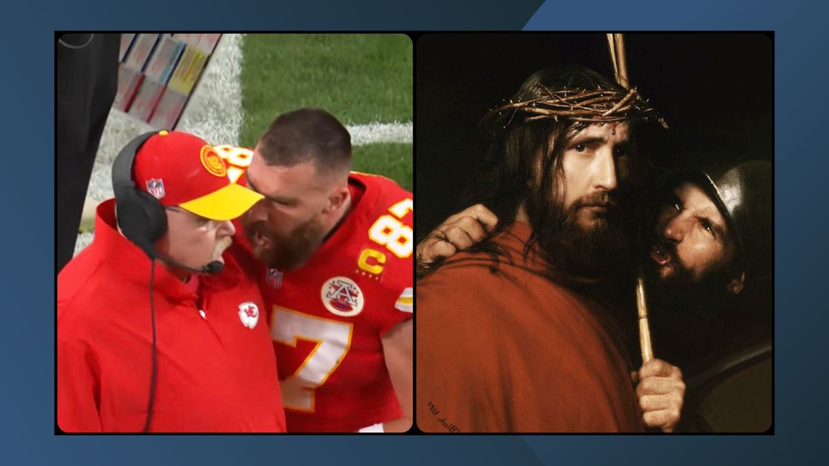 Screenshot of a man shouting at a referee during the Super Bowl next to a similar looking painting