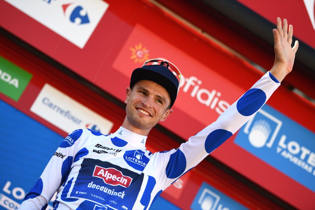 MONTILLA SPAIN SEPTEMBER 02 Jay Vine of Australia and Team AlpecinDeceuninck Polka Dot Mountain Jersey celebrates at podium during the 77th Tour of Spain 2022 Stage 13 a 1684km stage from Ronda to Montilla 315m LaVuelta22 WorldTour on September 02 2022 in Montilla Spain Photo by Tim de WaeleGetty Images