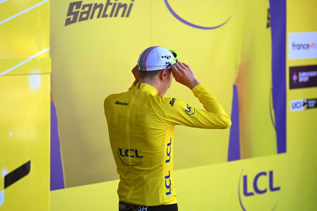DIJON FRANCE JULY 04 Tadej Pogacar of Slovenia and UAE Team Emirates celebrates at podium as Yellow Leader Jersey winner during the 111th Tour de France 2024 Stage 6 a 1635km stage from Macon to Dijon UCIWT on July 04 2024 in Dijon France Photo by Dario BelingheriGetty Images