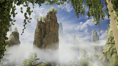 A towering rock formation crests the mists against a blue sky in Firmament.