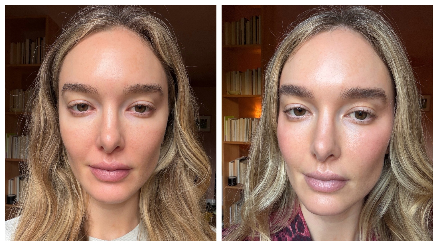 a duo of photos of a white woman with blonde hair before and after using an eyebrow pencil