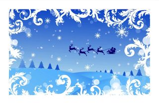 Christmas card template: Icy blue landscape with silhouette of Santa and his reindeer flying, with curls of frost framing the scene