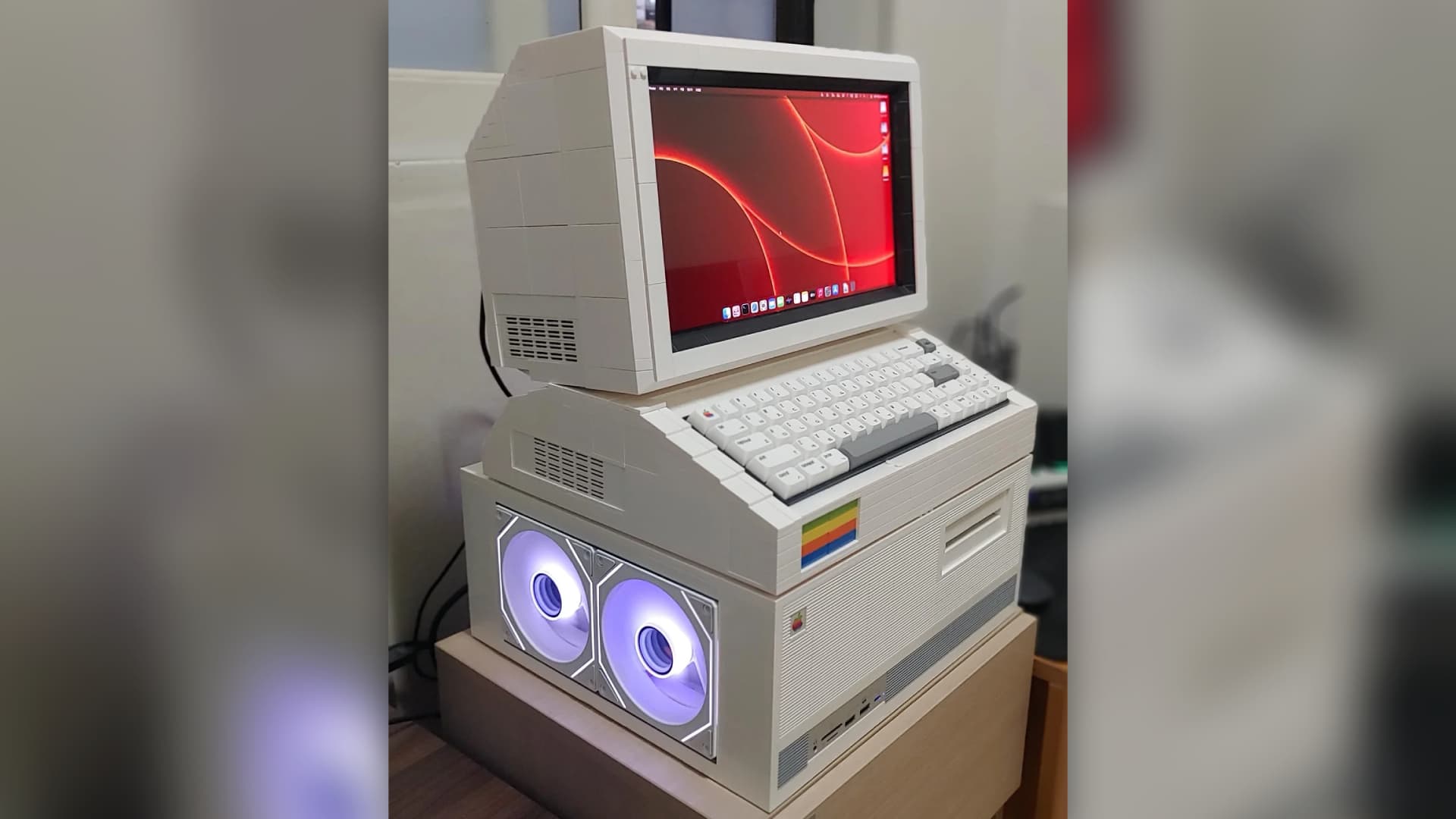 A custom gaming PC built by Reddit user OkDebate6649. The computer, monitor and keyboard are all housed in a chassis built using Lego bricks.