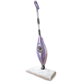 A purple steam mop with a white washable pad